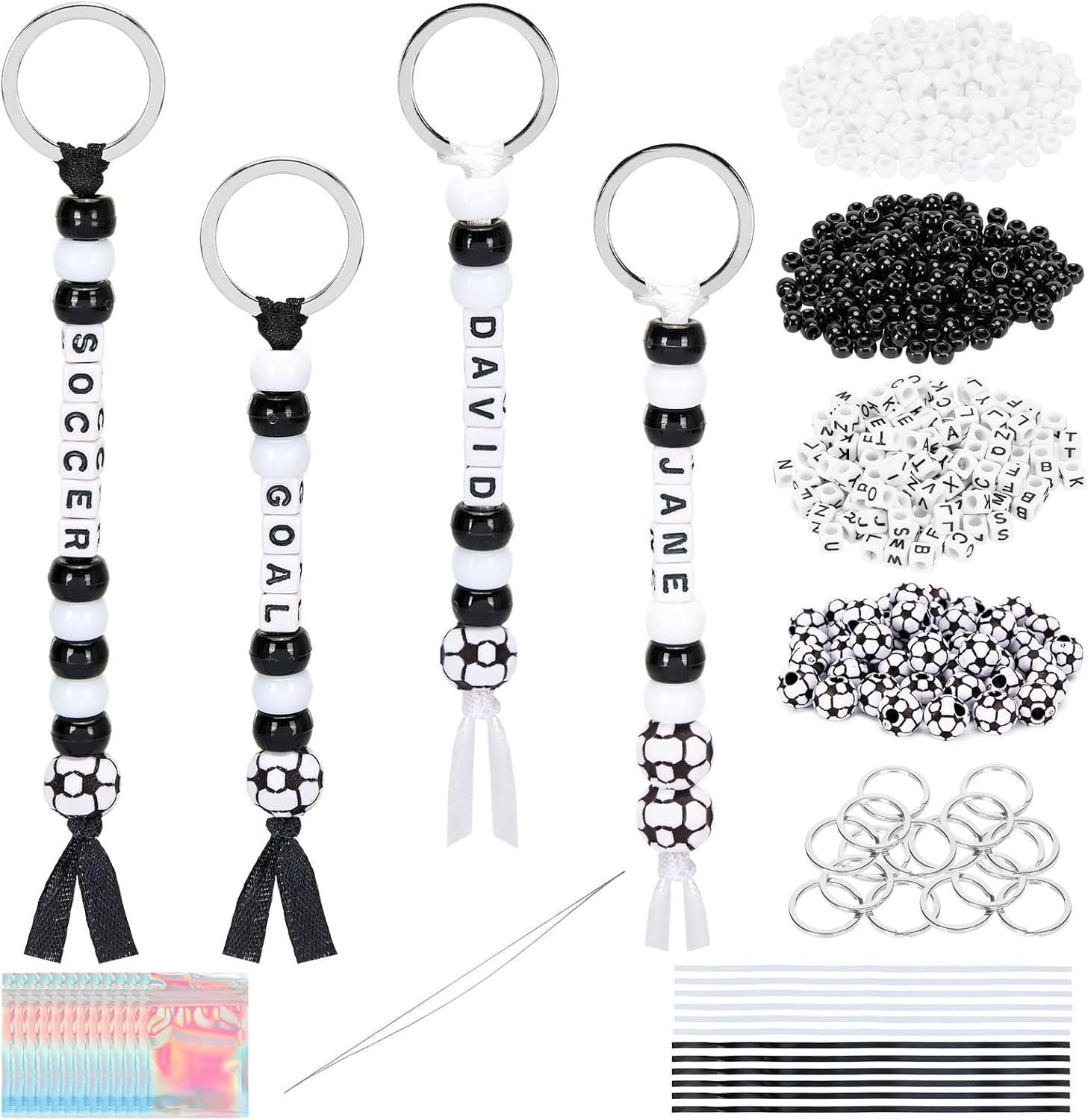 Defresit 762 Pcs DIY Soccer Keychain Kit Bead Craft Set with Soccer Beads, Letter Beads, Ribbons & Storage Bags for Soccer Party Favors, Soccer Gifts, Goodie Bags Stuffers & Team Events