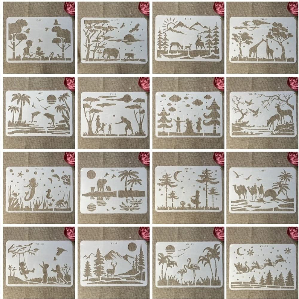 16 plantillas de personajes de paisaje A4 para pintar sobre madera, plantillas reutilizables para decoración del hogar, plantillas y plantillas de bricolaje para carteles, manualidades, arte