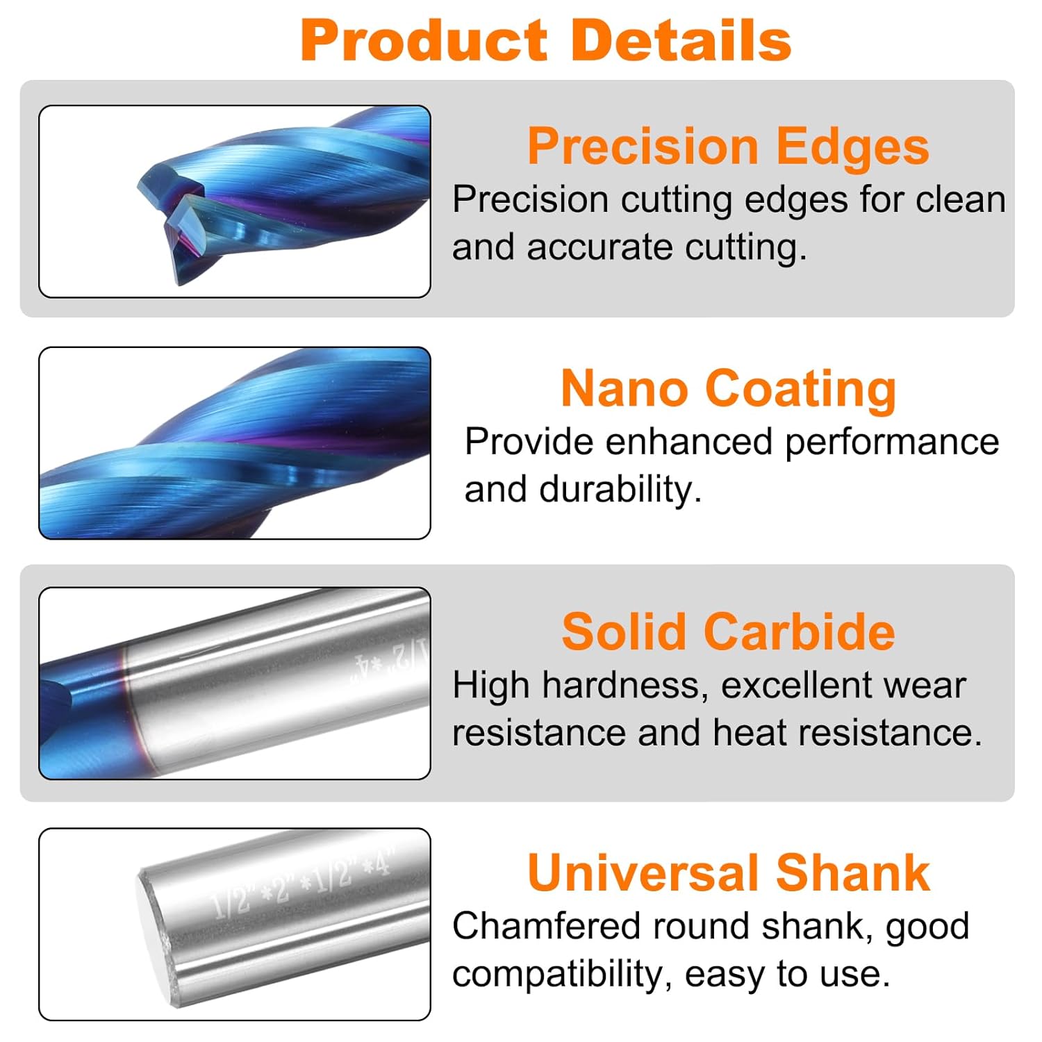 HARFINGTON Spiral Router Bit 1/2" Cut Dia 1/2" Shank Up Cut Blue Nano Coated Solid Carbide 3 Flutes CNC End Mill Milling Bits for Wood Plastic Soft Metal (2" Cut Length 4" Long)