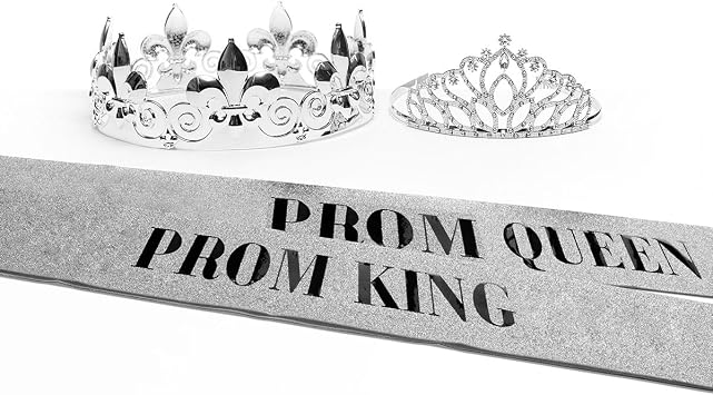 تاج Andersons Fleur-de-Lis Prom King Regal، تاج Taylor Rhinestone Prom Queen مقاس 2.5 بوصة وأوشحة فضية لامعة مع حروف سوداء لتتويج المدرسة الثانوية والمناسبات الرسمية، مجموعة مكونة من 4 قطع