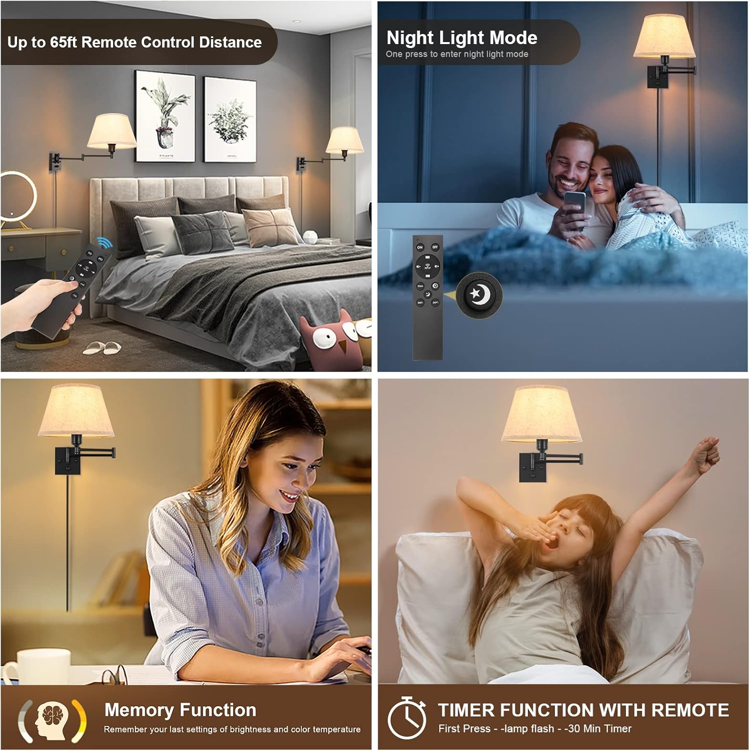 TRLIFE Wall Sconce Plug in, Remote Control Dimming 10-100% and Adjustable Color Temperature 2700K-6500K Swing Arm Wall Lights with Plug in Cord, 11.8" Large Beige Fabric Shade(2 Pack, 2 Bulbs)