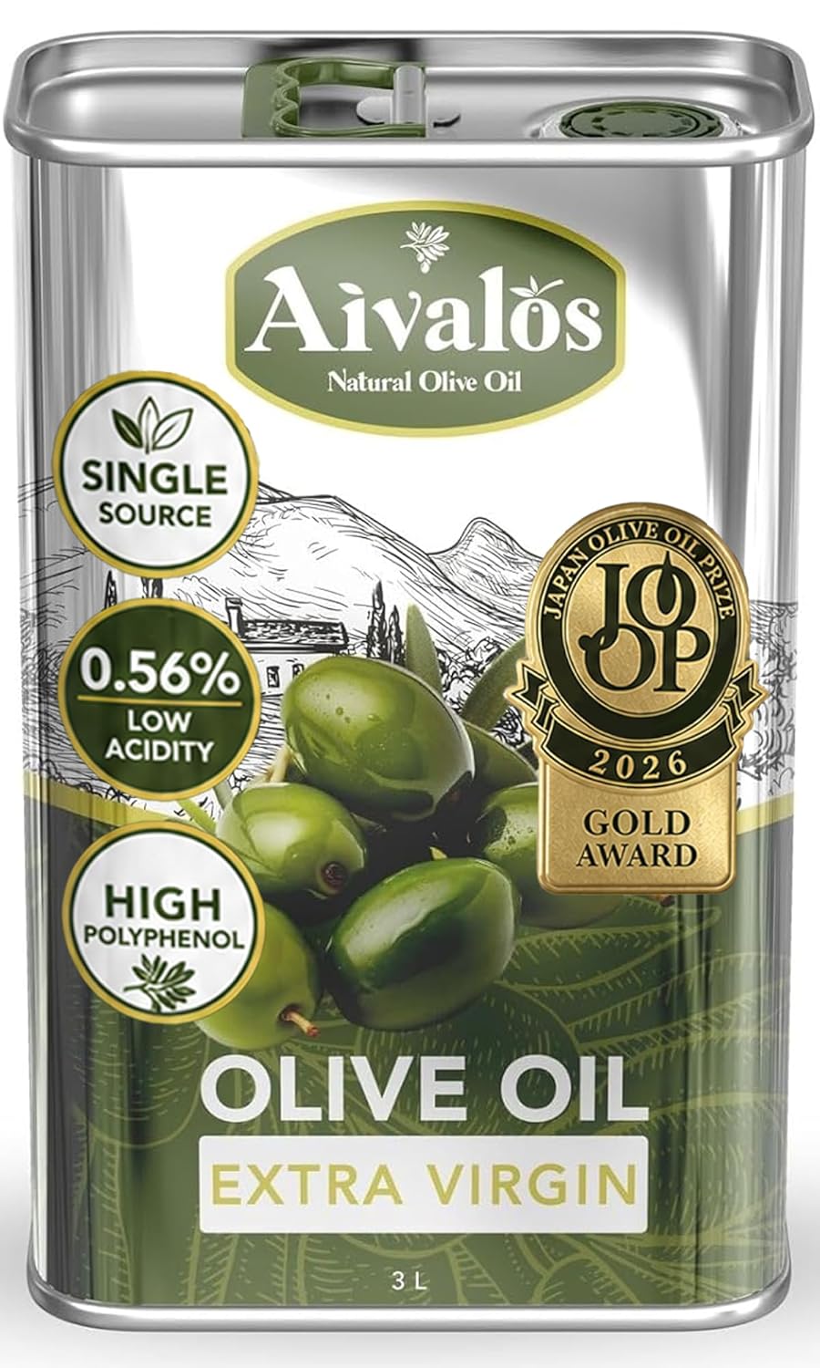 Aivalos Single-Estate Extra Virgin Olive Oil, Cold Pressed, 101.4 fl oz (3L) | Single-Origin Ayvalık Aegean Coast Turkey | High Polyphenols, Smooth & Peppery Finish | Unblended Fresh Harvest EVOO