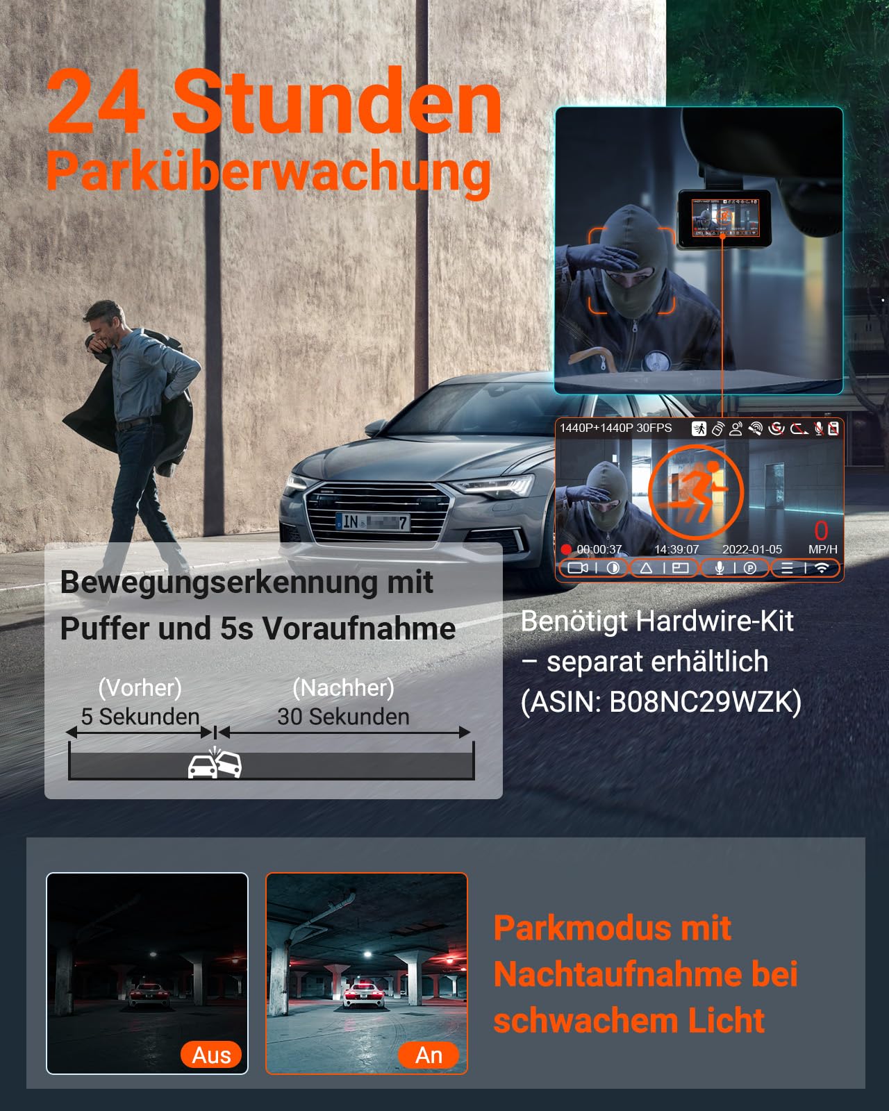 VANTRUE E2 2.7K+2.7K Dashcam Auto vorne hinten 5GHz WiFi 9MB/S GPS, Fernbedienung Sprachbefehle Dash cam Dual 1944P/1440P WDR Nachtsicht Puffer Parkmodus Auto Kamera, 2.45’’ 320° G Sensor, max. 512GB