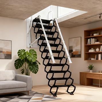Wall-mounted Attic Stairs, Folding Loft Staircase, Telescopic Ladder With Handrails, 12 Steps Pull Down Stairs, For Home Indoor Outdoor Attic Steps (Black, 2.7-3.2m)