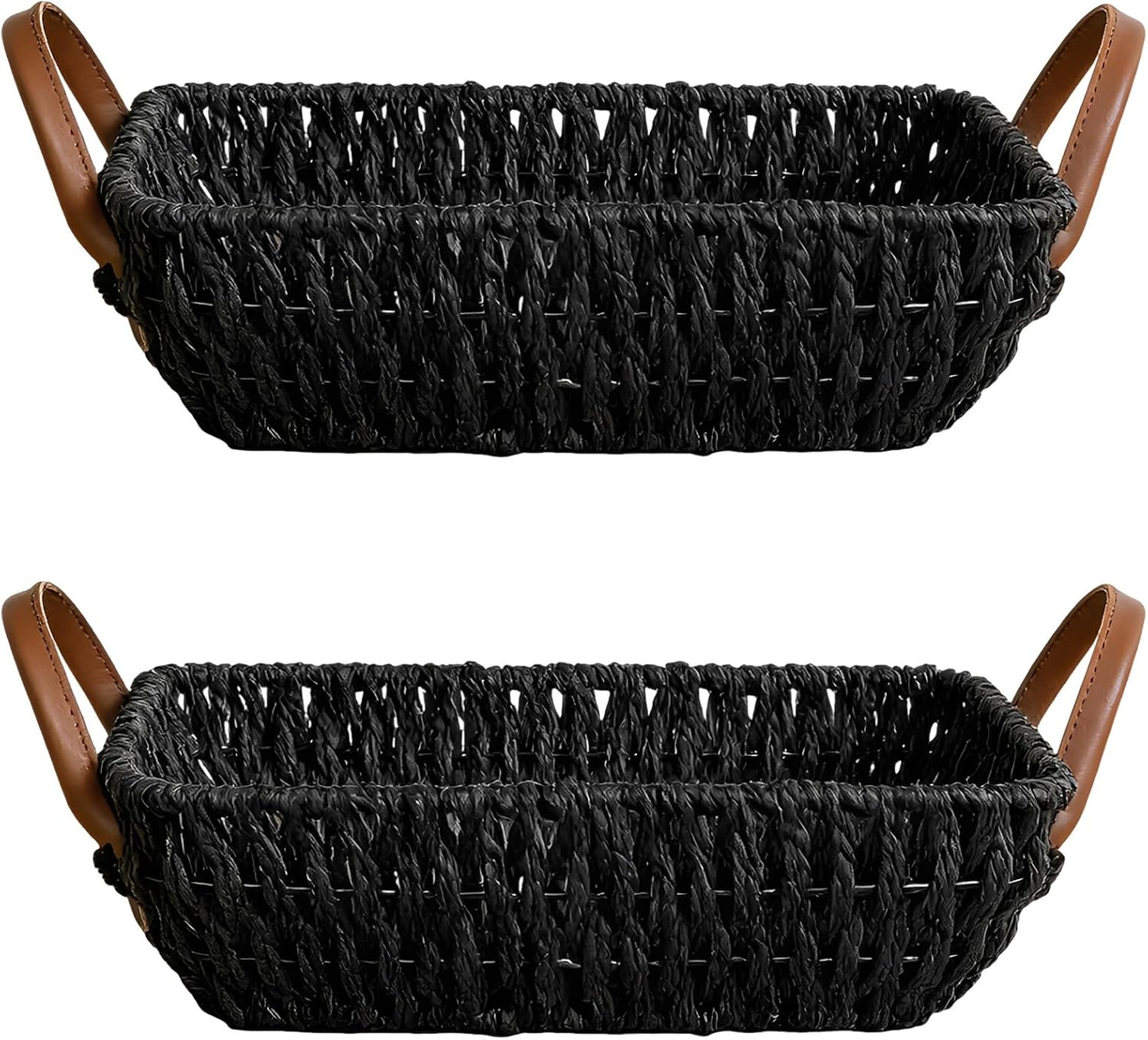 Wicker Storage Basket with Leather Handles, Black Paper Rope Woven Bin, Decorative Organizer Baskets for Shelf, Table, Coffee Table, 12.6 X 7.9 X 3.9 in
