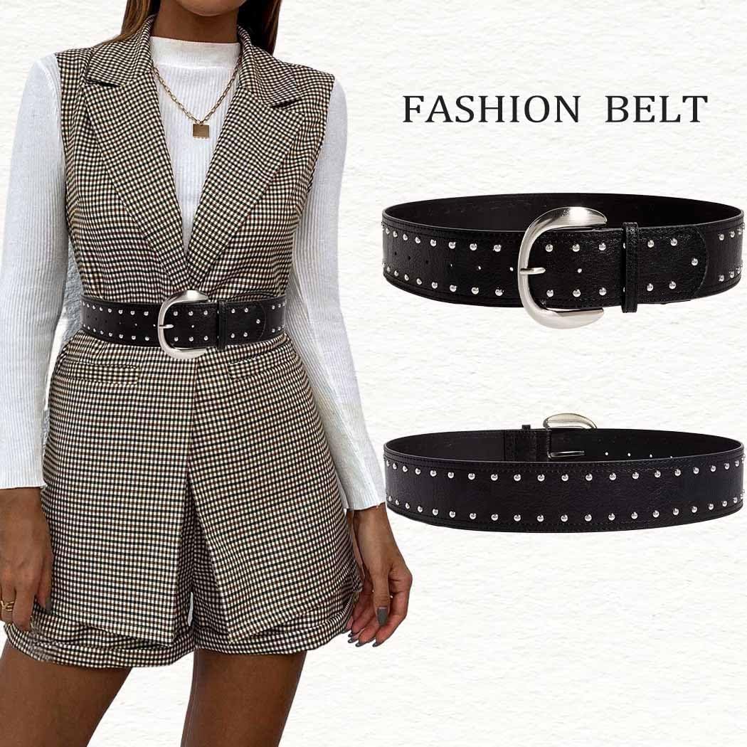 Black Studded Belt for Women Rock Rivet Wide Leather Belt for Dress Pants Y2K Cowgirl Chunky Belts Punk Thick Belt - Image 5