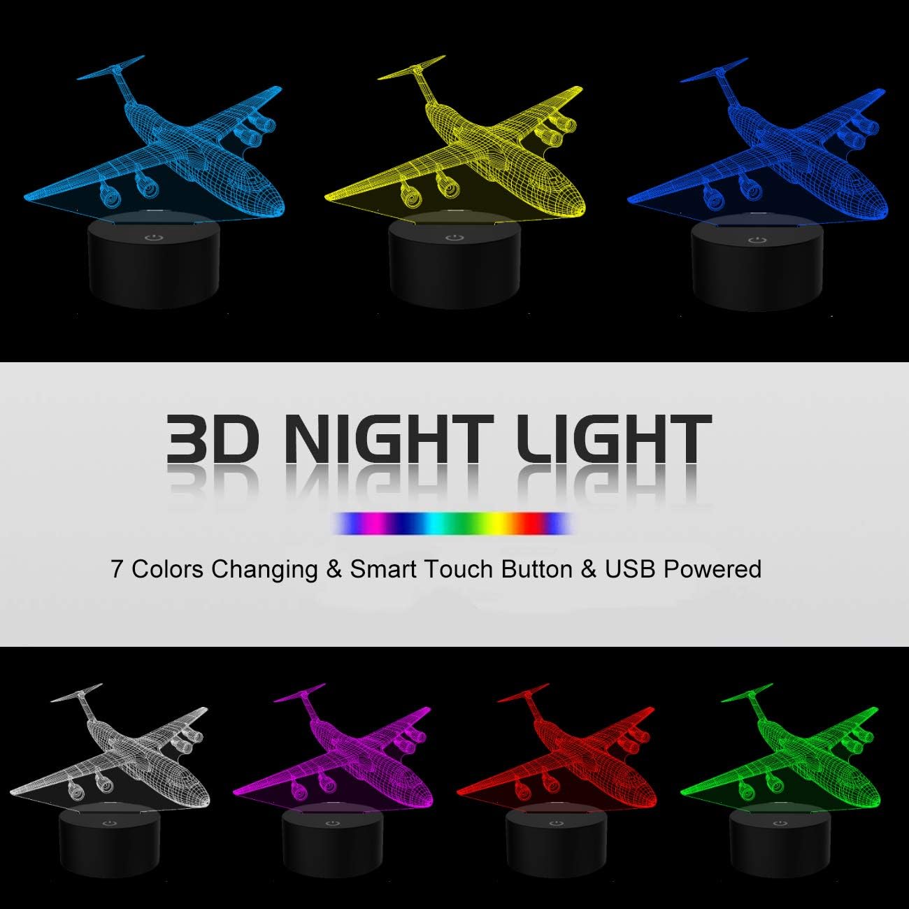 Airplane Night Light 3D Plane Illusion Lamp 7 Color Changing Touch Control with USB Cable LED Fighter Toy Table Desk Decor Lamps for Men Boys Kids Christmas Birthday Gifts