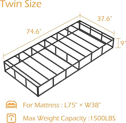 Miniatura 63 de Somier individual XL de 9 pulgadas, base de cama de metal resistente con funda de tela, base de colchón, fácil montaje, sin ruido, color negro 9