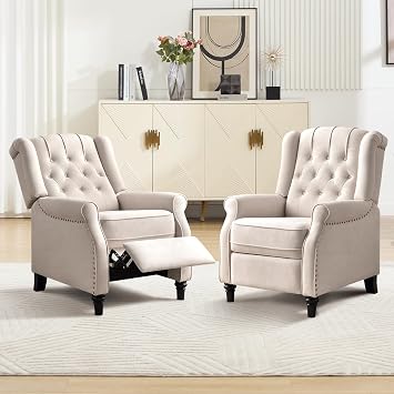 EBELLO 2 Pcs Push Back Recliner Chair, Fabric Accent Chair Pushback Recliner with Rivet Decoration, Button-Tufted Back, Mid Century Wingback Armchair for Living Room, Bedroom, Beige