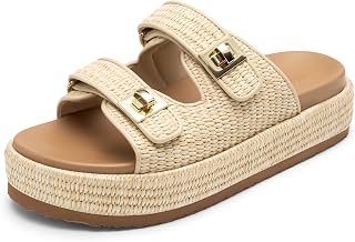 DREAMPAIRS Women's Raffia Platform Wedge Sandals - Comfortable Espadrille Summer Beach Slides with Adjustable Buckle