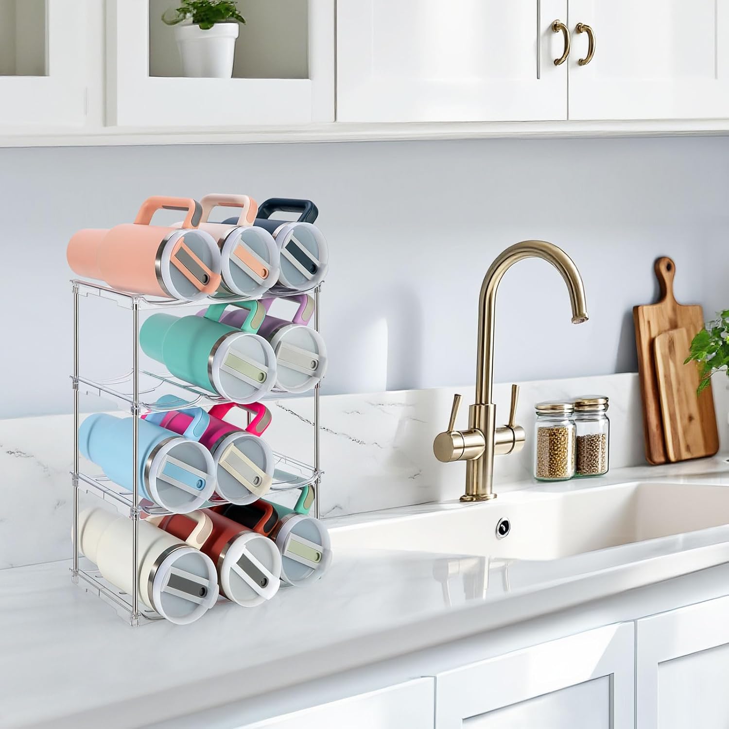 Sbosbo Water Bottle Organizer for Stanley 40 oz Tumbler, Stackable Tumbler Storage, 3 Pack Water Bottle Organizer for Cabinet, Pantry Kitchen Storage & Organization for Stanley Cup - Hold 9 Bottles