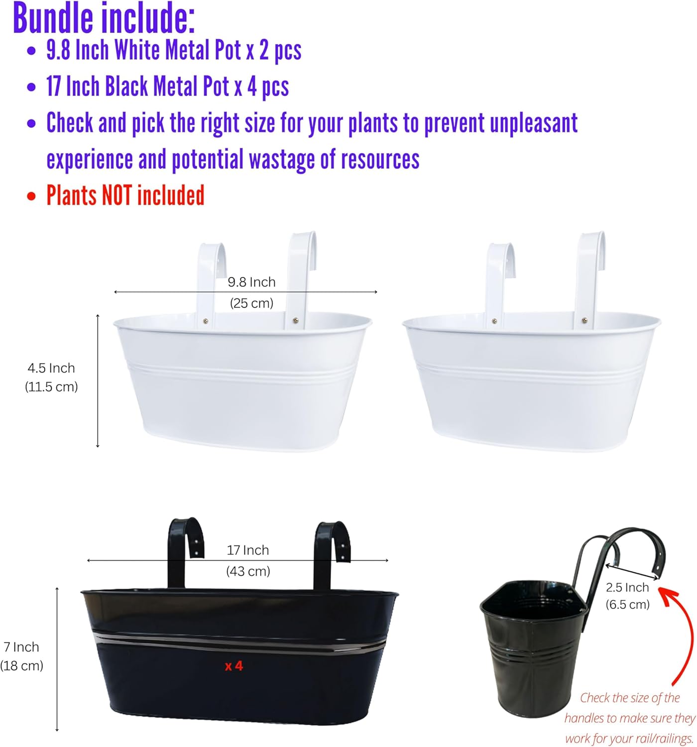 LaLaGreen Bundle- 2 Pack, 9.8 Inch White Metal Pot + 4 Pack, 17 Inch Black Metal Pot Window Hanging Fence Flower Boxes Rail Deck Patio Porch Flower Bucket Outdoor Decor Boho Style Garden Balcony Home