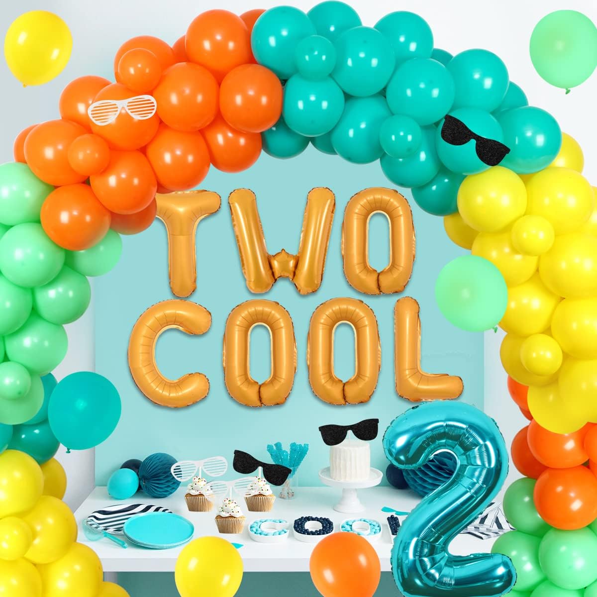 Two Cool Birthday Party Decorations Boy, 2nd Birthday Decorations For Boys, Two Cool Balloon Garland Blue Orange Yellow Green Sunglasses Theme Party For Little Man 2 Years Old Birthday Party - Image 2