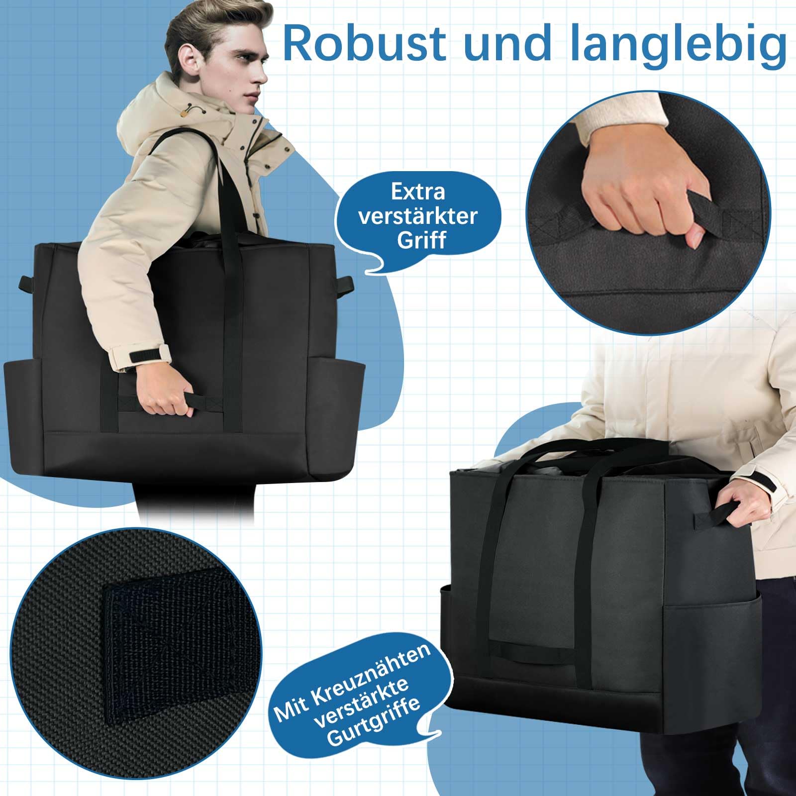 Extra Große Reisetasche, Erweiterbare Wasserdicht Transporttasche, Heavy Duty Tragetasche mit verstärkten Griffen, Faltbare Tote Bag für Reisen, Camping, Sport & Umzugskartons, 60x25.4x50cm