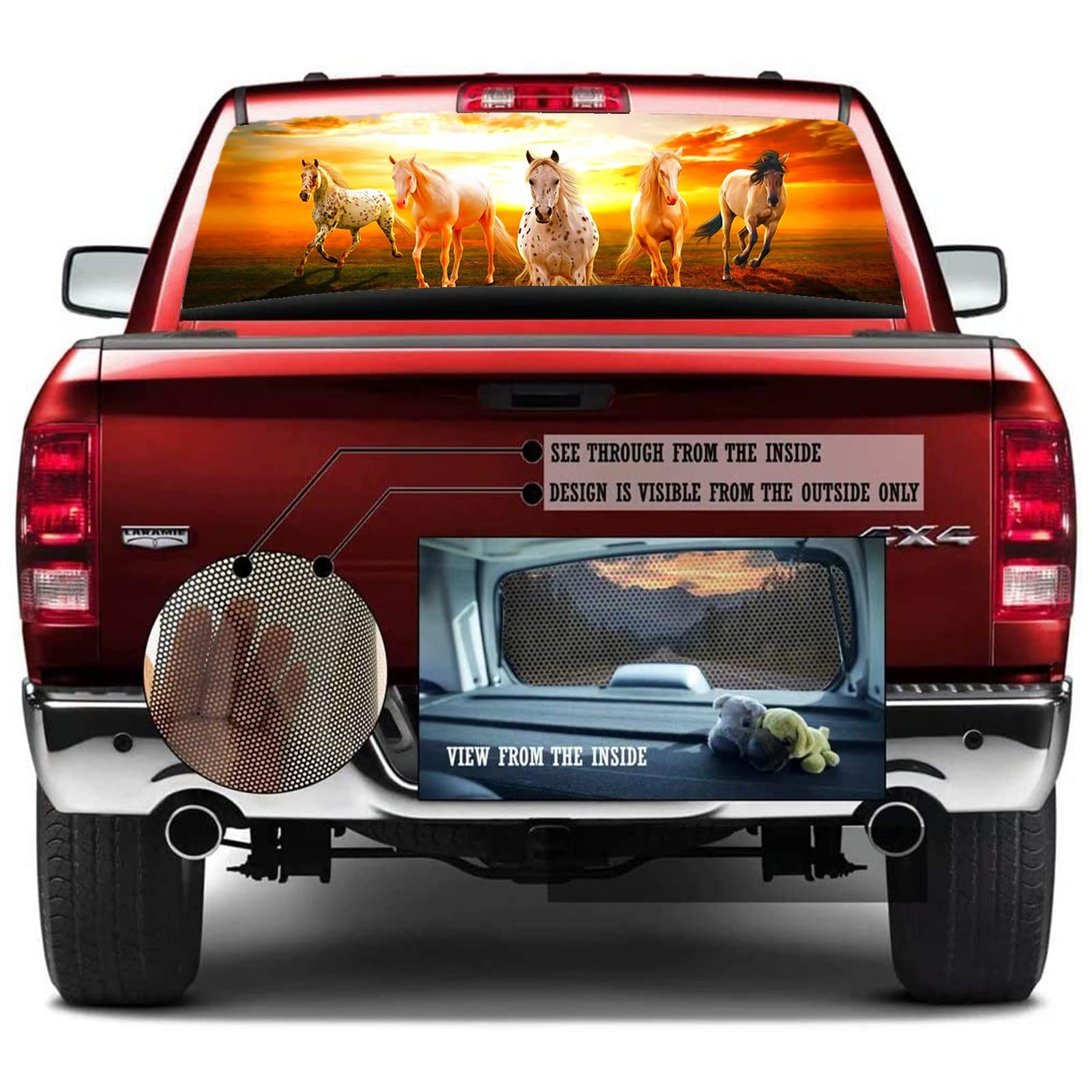 Camion finestra posteriore decalcomania adesivo destriero cavalli auto finestra posteriore grafica decalcomania vinile perforato finestra posteriore decalcomania per camion SUV Van Pickup,58x18 inch