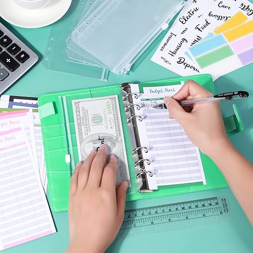 Miniatura 7 de Carpeta de presupuesto de piel sintética A6, planificador de 6 anillos, organizador de dinero, 8 sobres para efectivo, impermeable, 29 categorías,