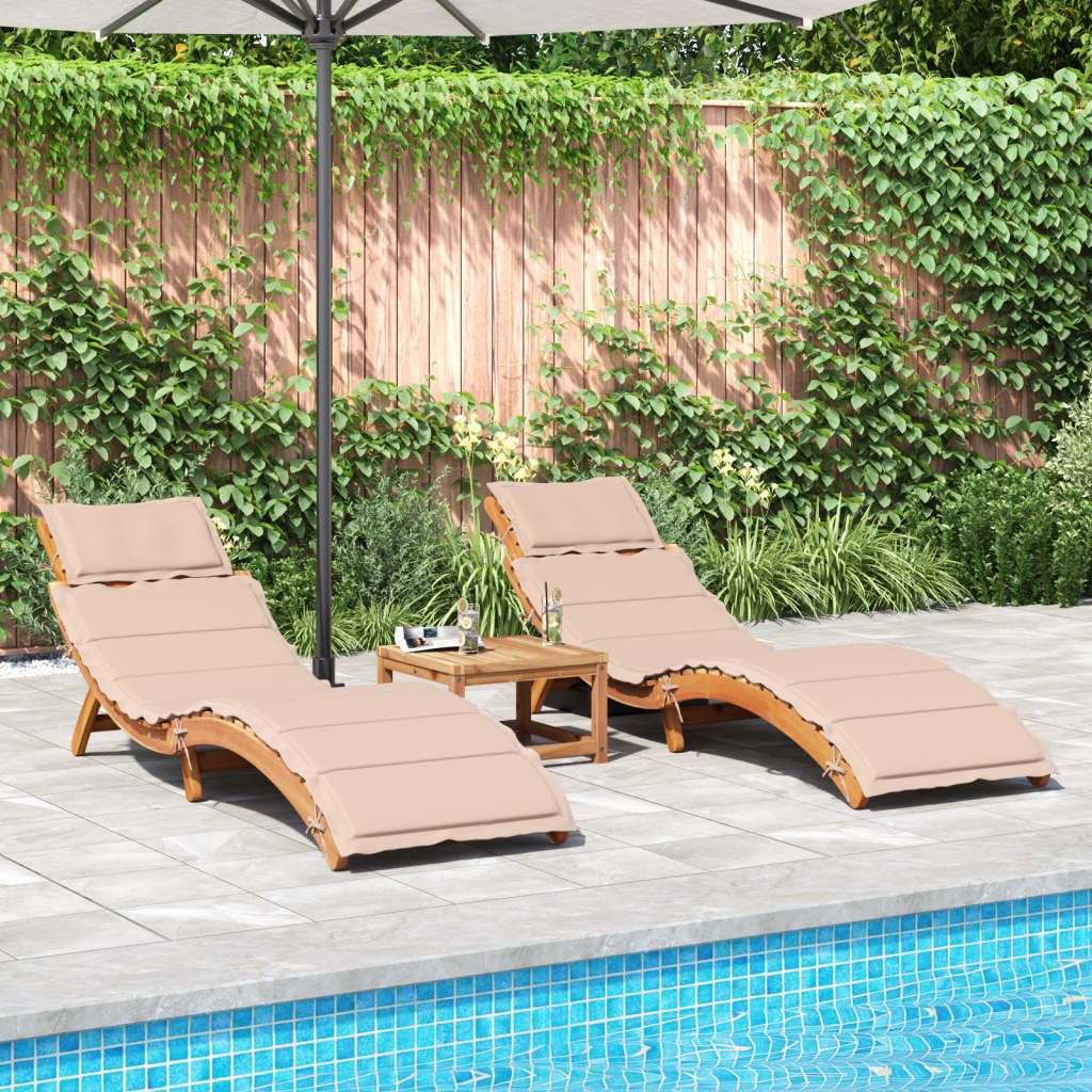 Juego de 2 tumbonas con cojines de madera maciza de acacia, color beige, plegables, con diseño de listones y cojines gruesos acolchados para mayor comodidad en la piscina o terraza