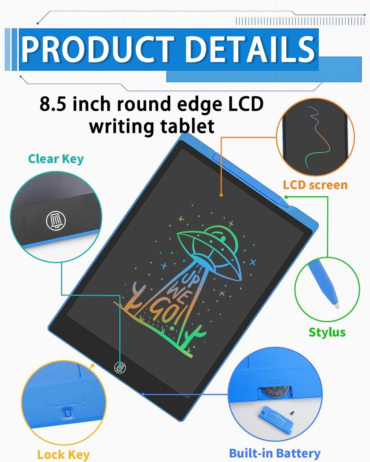 BARRU 1 pieza Pizarra de Escritura LCD de 8,5 Pulgadas - - Ideal para Oficina, Memos, Regalos Borrables Y Reutilizables,Aritmética y Dibujo(azul)
