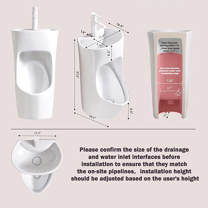 Orinal cerámico moderno con lavabo integrado, montaje en pared miniatura 2