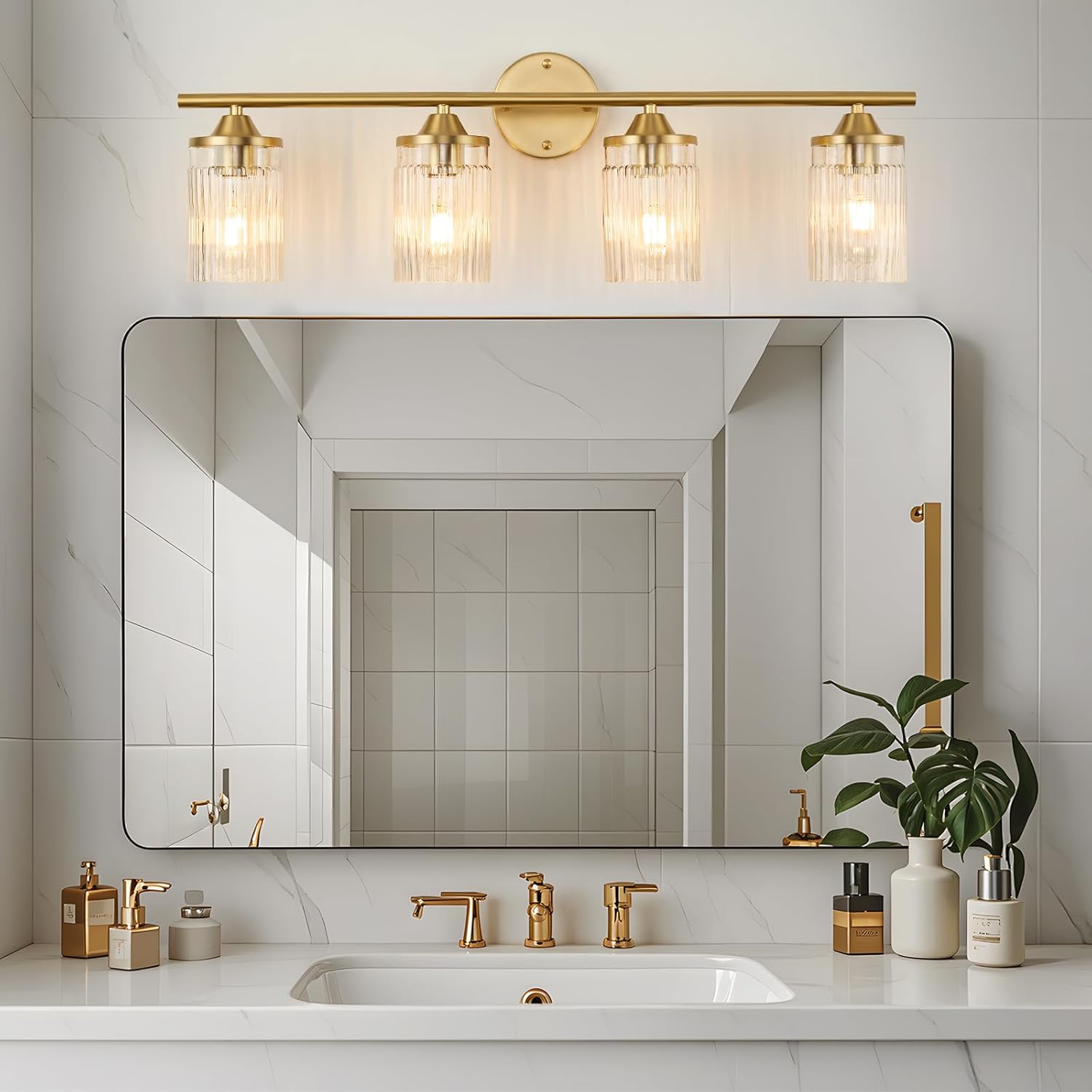 Jonsi Gold Bathroom Light Fixtures 4-Light Vanity Lights Modern Wall Sconce with Clear Glass Shade Brushed Brass Bathroom Light Fixture Over Mirror for Bedroom Hallway Kitchen