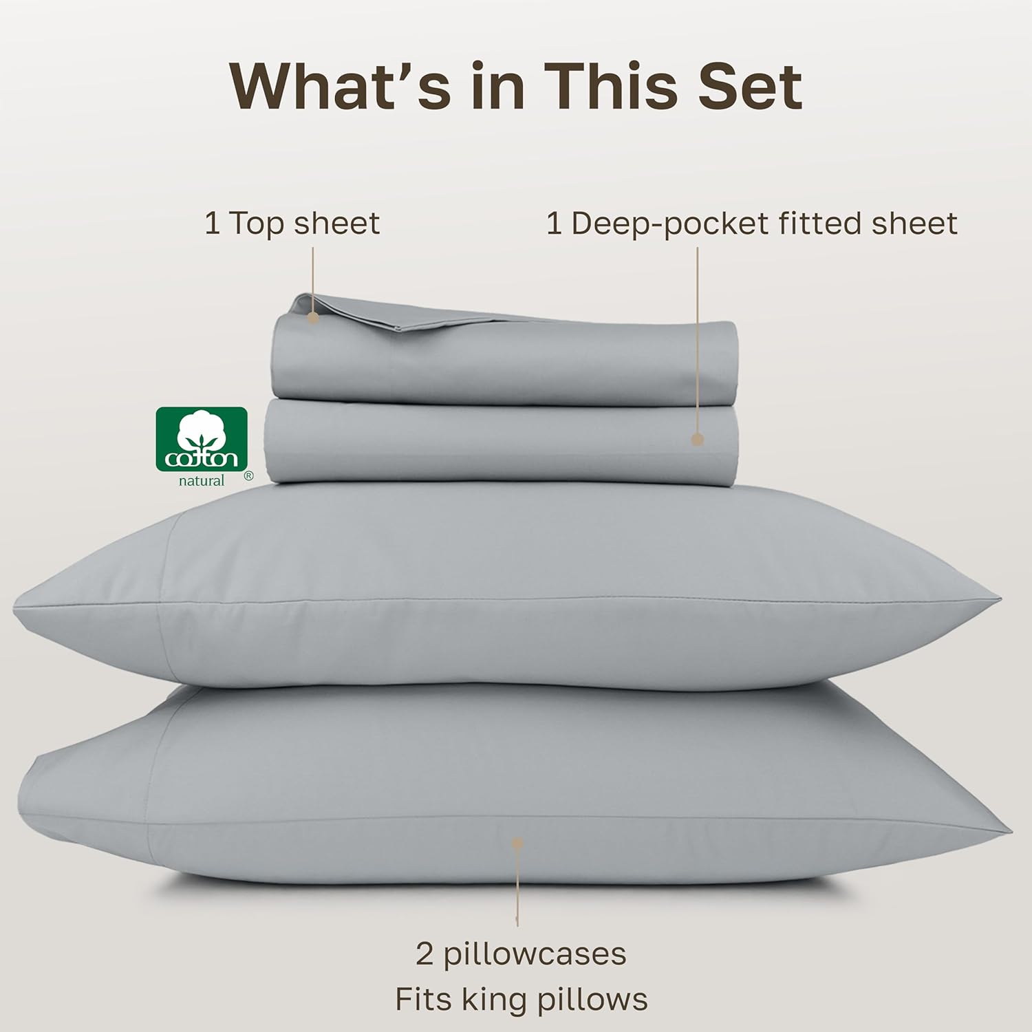California Design Den Deep Pocket King Sheet Set - 1000 Thread Count Sateen, Thick and Natural 100% Cotton Sheets King Size, Durable Bedding Set - Light Grey