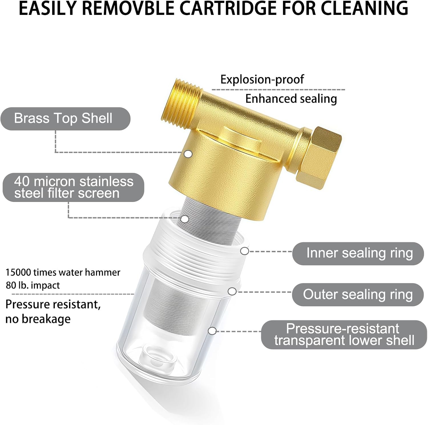 DR02 Reusable Brass Sediment Filter, 40 Micron Washer Water Filter, For Washing Machine, Garden, Heater, RV, Protecting Appliances, Reduces Clothes Yellowing, Anti Scale Shower Filter