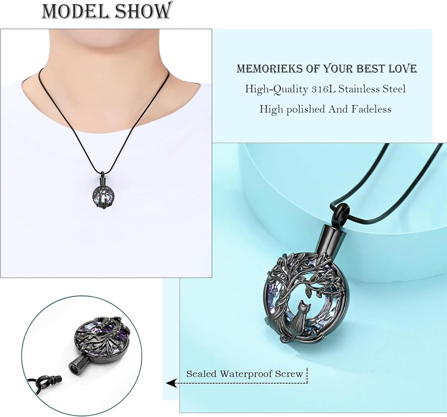 zeqingjw Cat Cremation Jewelry Urn Necklace for Ashes for Pet,Funeral Ashes Keepsake Urn Necklace Pendant Memorial Jewellery - Image 3