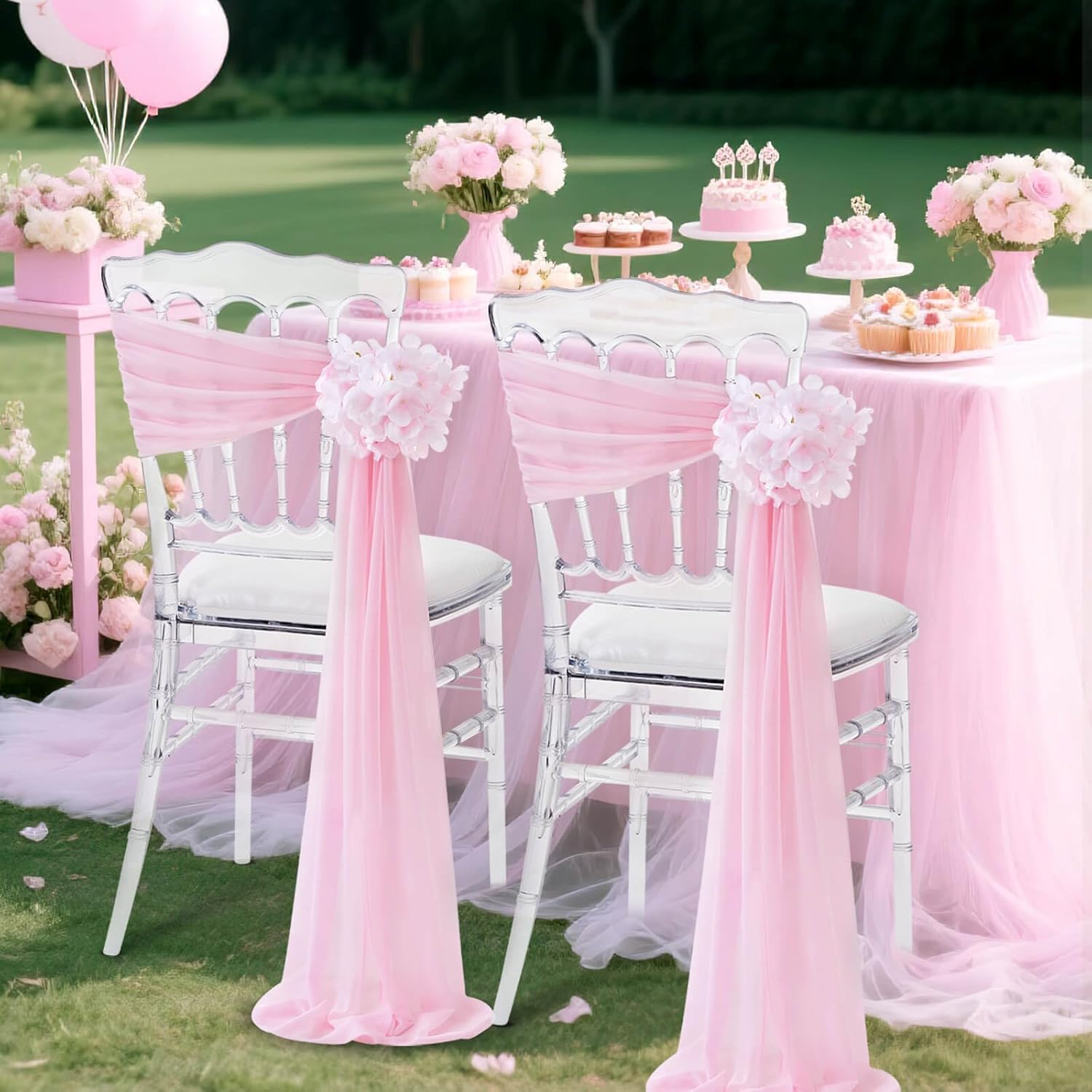 SoarDream Pink Wedding Chair Sashes, 26 Pack Sheer Tulle with Artificial Hydrangea Accents for Ceremony, Church & Reception Home Chair Decorations