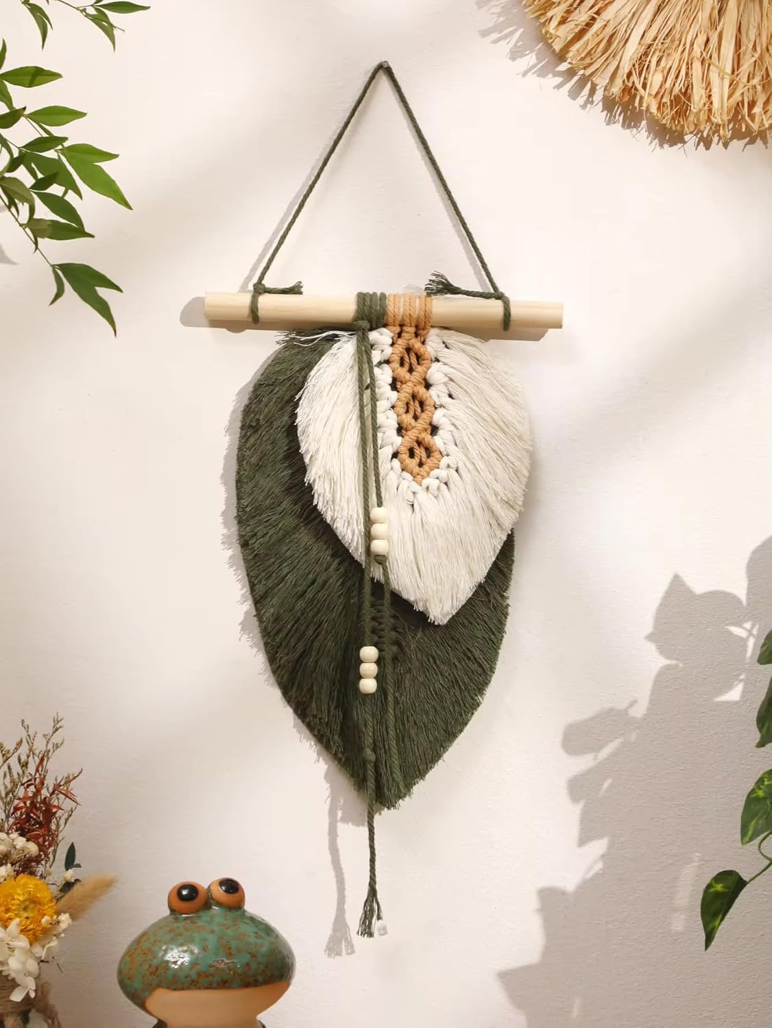 WARMINGO DE Macrame Wall Hanging Premium Decor | Big Leaf Set Wall Art | Handmade Tapestry for Living Room & Bed Room | Boho Gift & Gifting Item (GREEN)