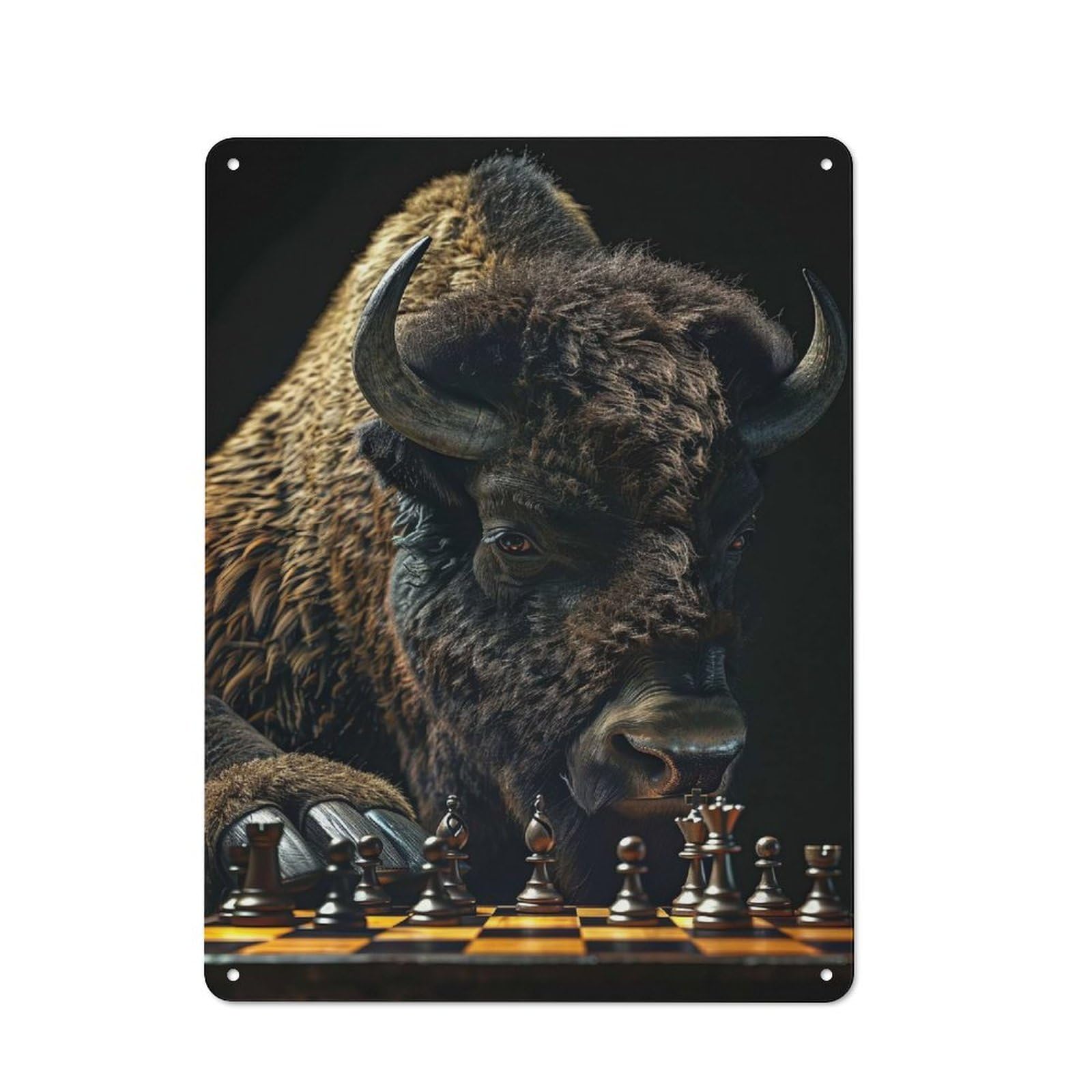 Decorative Metal Plaque with Bison Chess Design 40x30cm, Loft Style Loft Wall Plaque for Modern Home, Workshop, Office Or Cafe