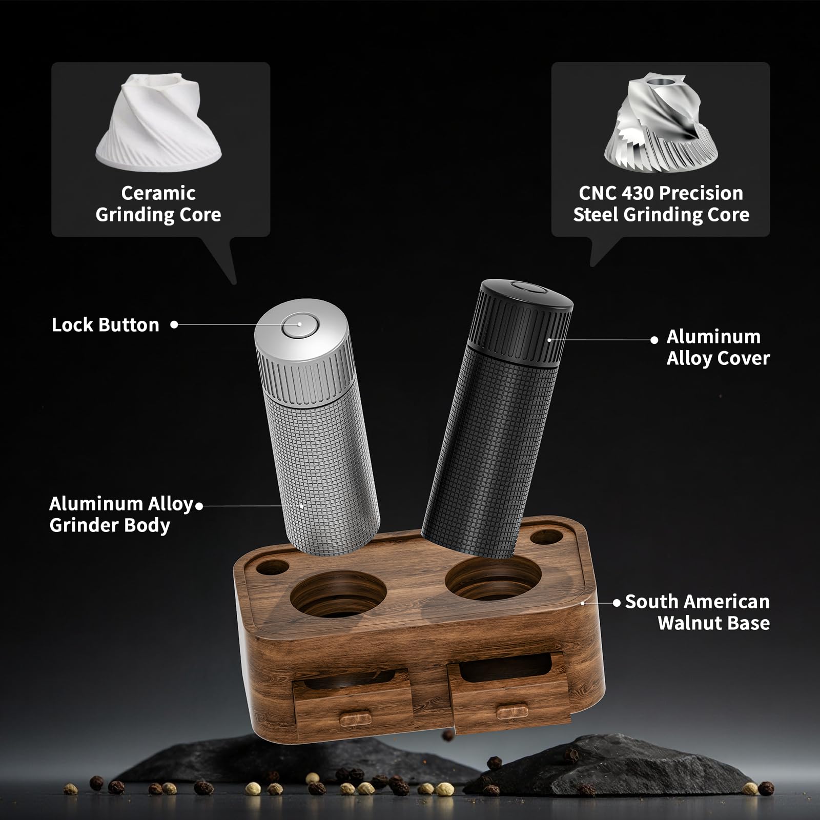 Luvan Ensemble Professionnel De Moulins À Sel Et À Poivre, Moulins Manuels En Métal Rechargeables Avec Support En Noyer, Moulins En Alliage D’aluminium Avec Réglage De La Granularité