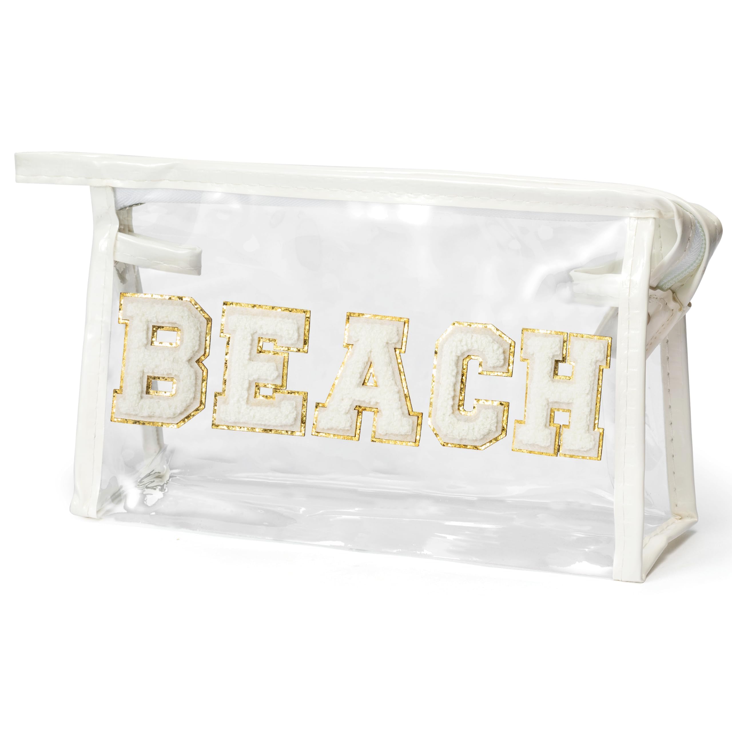 Belanttega Preppy Patch Beach Cosmetic Bag - Summer BEACH Chenille Varsity Letter Toiletry Makeup Bag Waterproof PVC Cosmetic Case Multi-Function