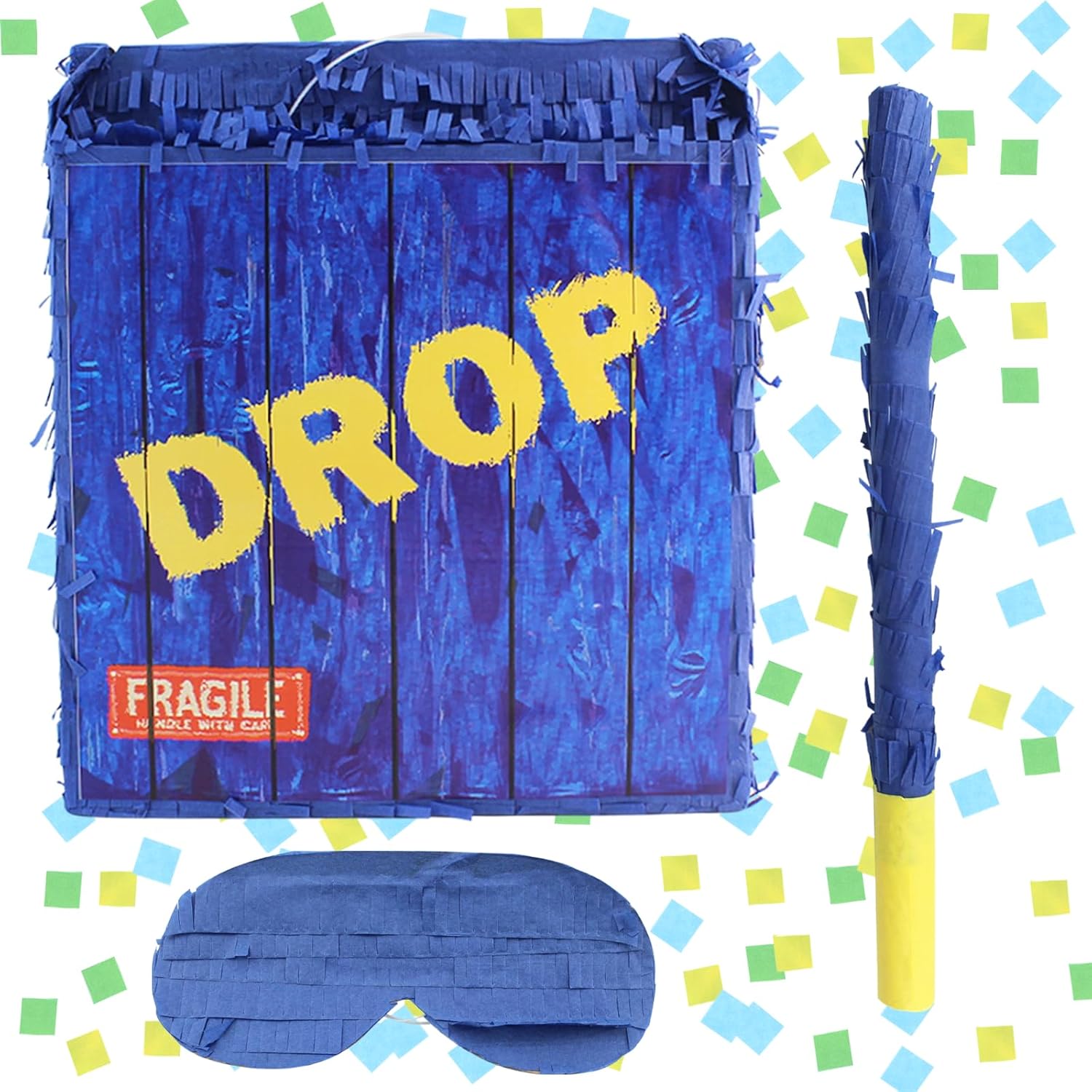 Drop Box Piñata, Handmade Mexican Fiesta Treasure - Complete with Hitting Stick & Blindfold for Birthday Parties, Carnivals & Special Events
