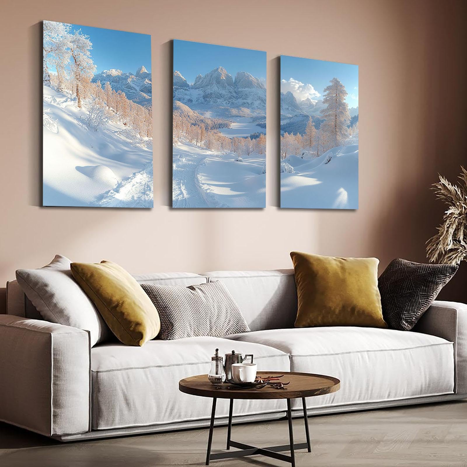 WQBQKKX Grau, weiß 3er Set Wandbilder XXL Wald, Minimalistischer Bergschnee Modern Schlafzimmer Querformat Groß Leinwandbilder Leinwandbild Wandbild Wand Bild-70x100cmx3 Ungerahmt