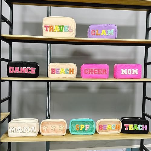 Miniatura 6 de Bolsa de maquillaje con parche de letra, de chenilla, con purpurina, parche de letras universitarias con cremallera, bolsa de aseo para viajes,