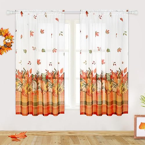 Miniatura 8 de Cortinas traslúcidas de otoño de Acción de Gracias para sala de estar, hojas de arce, calabaza, girasol, cortinas de ventana con bolsillo para