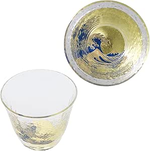 Kasyou Studio The Great Wave Of Kanagawa Sake Cup  Natural Curl Shape Glass Kanazawa Gold Foil Gift Box Made Japan Japanese Sake Cup Soju Glass Luxury Golden