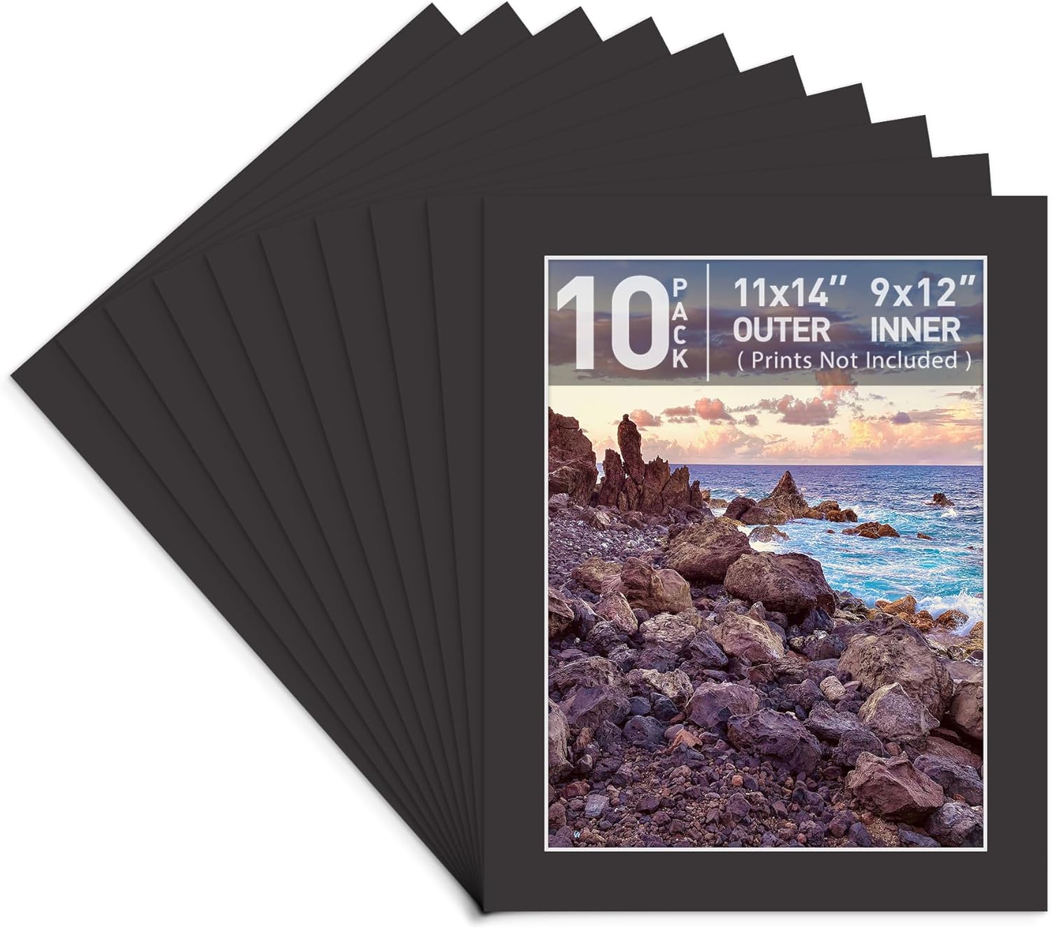 Golden State Art, Pack of 10, Pre-Cut 11x14 Picture Mats Bevel Edge 8.5x11.5 Opening for 9x12 Photos, Black