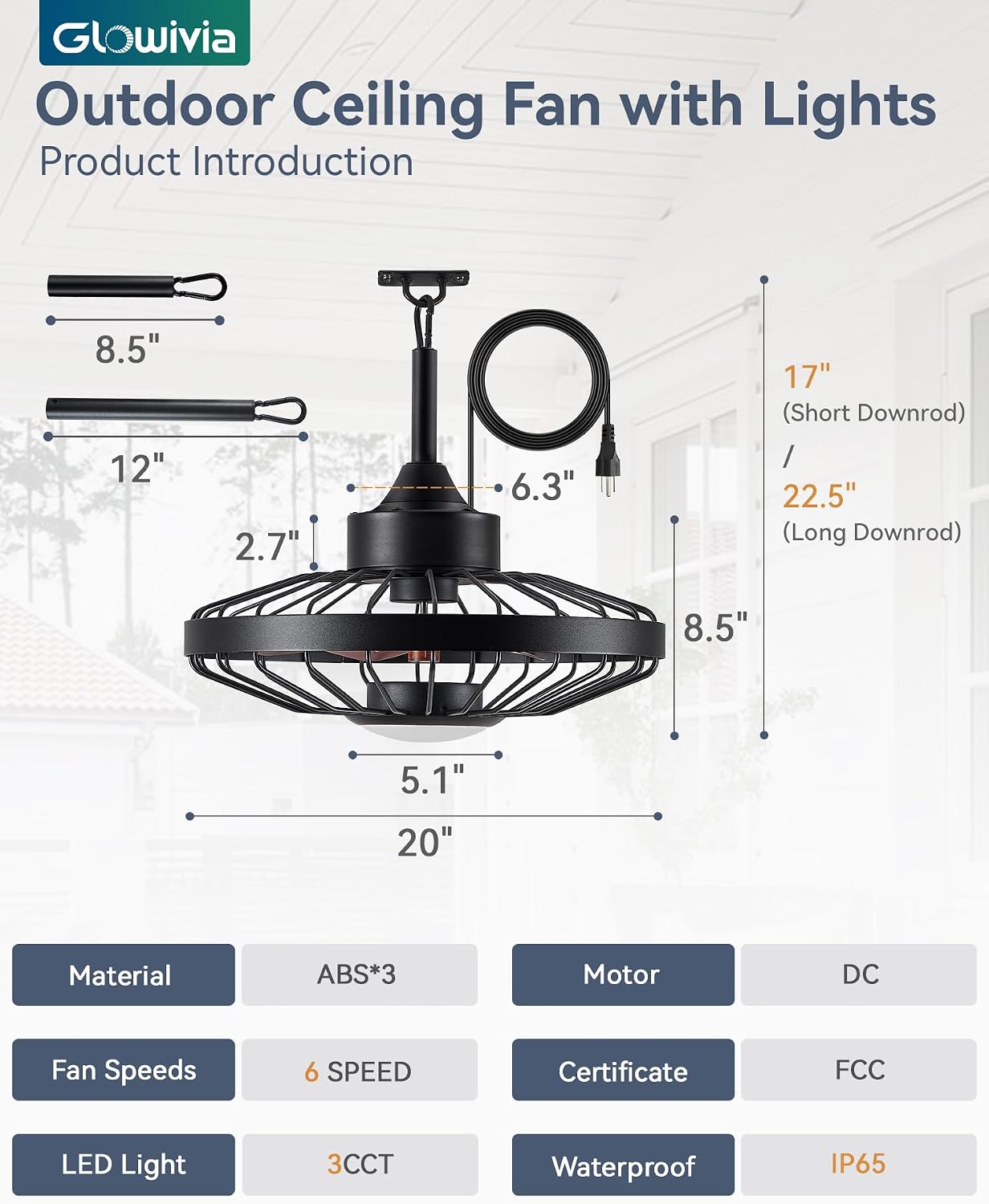 ​20 Inch Outdoor Ceiling Fan with Light and Remote - IP65 Waterproof, 3-Color LED (3000K-6000K), 16.5ft Cord, Hanging Hook - Black - for Patio, Gazebo, Porch