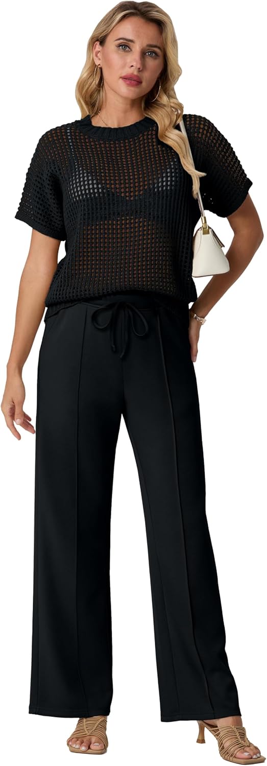 GRECERELLE 2026 Women 2 Piece Sets Crochet Sheer Knit Sweater Top & Wide Leg Pants Lounge Travel Matching Outfits Clothes - Image 6