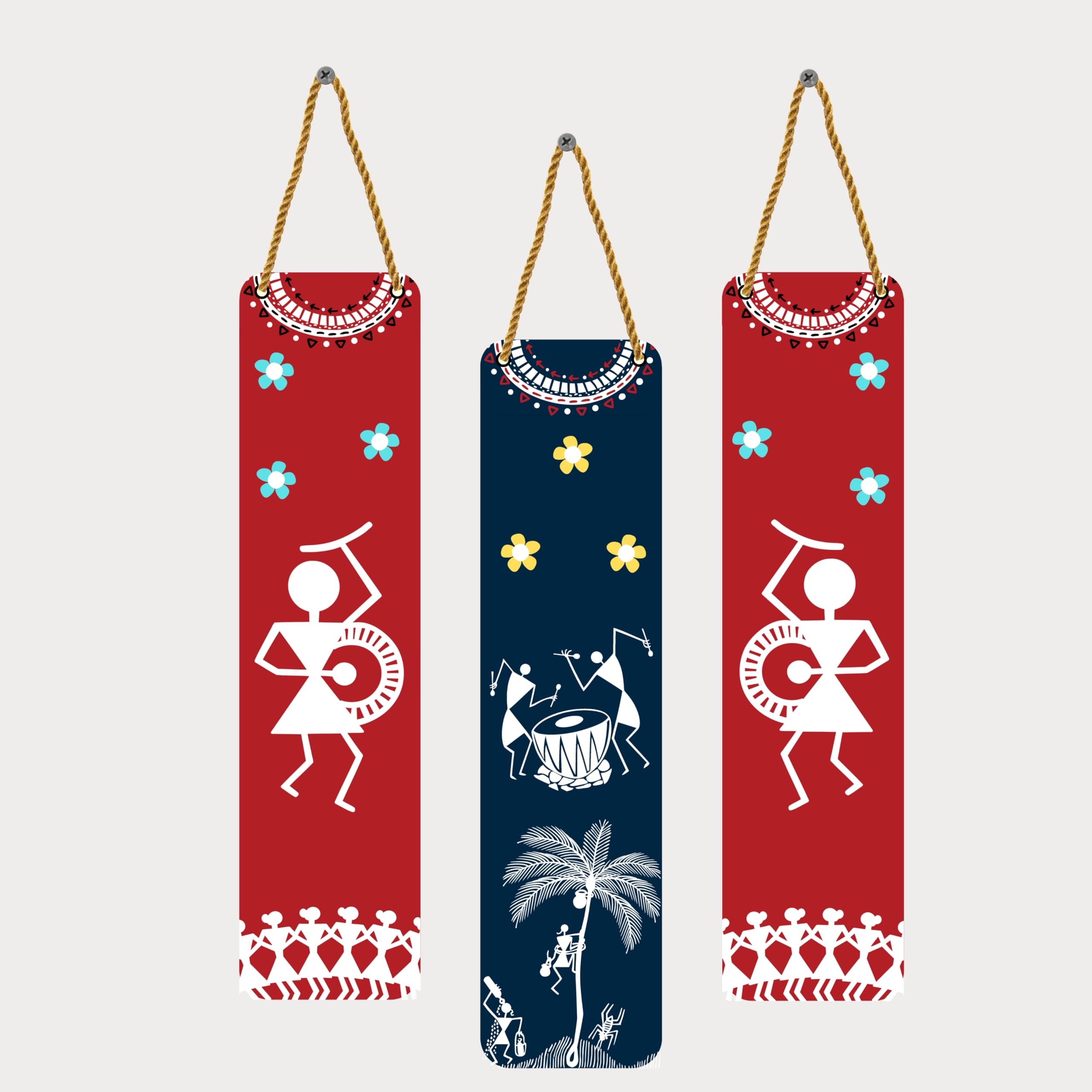 Karni Art - Traditional Warli Art Wooden Wall Hangings | Tribal Dance Design | Perfect Decorative item for Living Room, Bedroom, or Hotel | Ideal Gift for Home Decor Set of 3