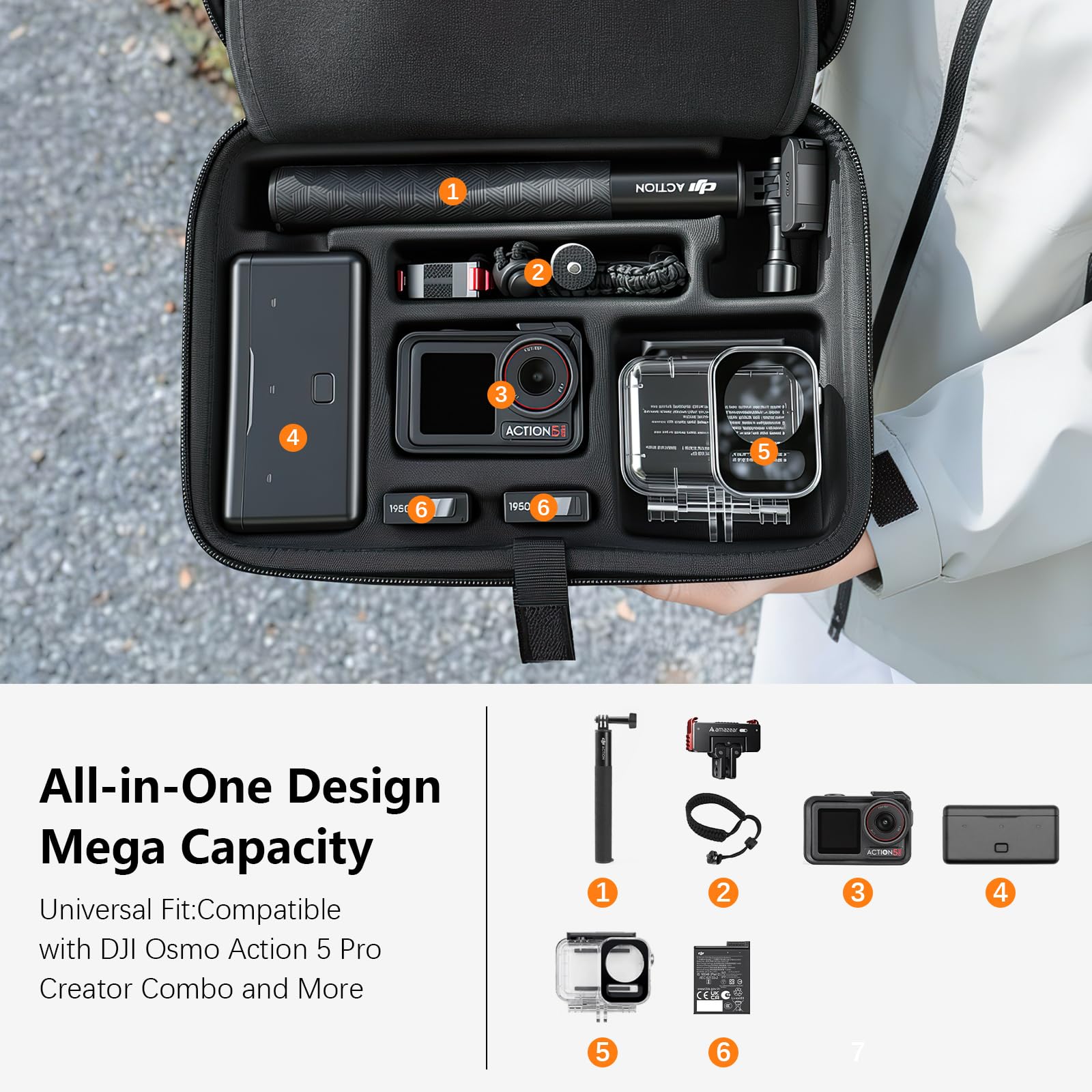 AMAZEAR OSMO Action Tragetasche für DJI Osmo Action 5 Pro, DJI Action 5 Pro Zubehör Schutz, Kompakte Hartschalen-Tragetasche, Tragbar für Reisen, Kompatibel mit Action 3, Action 5/4 case, Schwarz