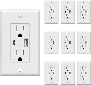 TOPGREENER USB Outlet, Type C Wall Outlet, 15 Amp TR Receptacle Plug, Charging Power Outlet with USB Ports, Electrical USB Socket, Wall Plate Included, TU21536AC-W-10PCS, White, 10 Pack