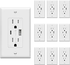TOPGREENER USB Outlet, Type C Wall Outlet, 15 Amp TR Receptacle Plug, Charging Power Outlet with USB Ports, Electrical USB Socket, Wall Plate Included, TU21536AC-W-10PCS, White, 10 Pack