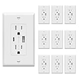 USB Outlet, Type C Wall Outlet, 15 Amp TR Receptacle Plug, Charging Power Outlet with USB Ports, Electrical USB Socket, Wall Plate Included, TU21536AC-W-10PCS, White, 10 Pack