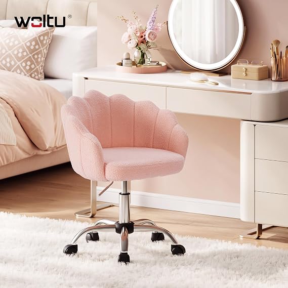 WOLTU Cashmere Dressing Table Chair, Swivel Chair with Wheels, Pink