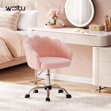 WOLTU Cashmere Dressing Table Chair, Swivel Chair with Wheels, Pink