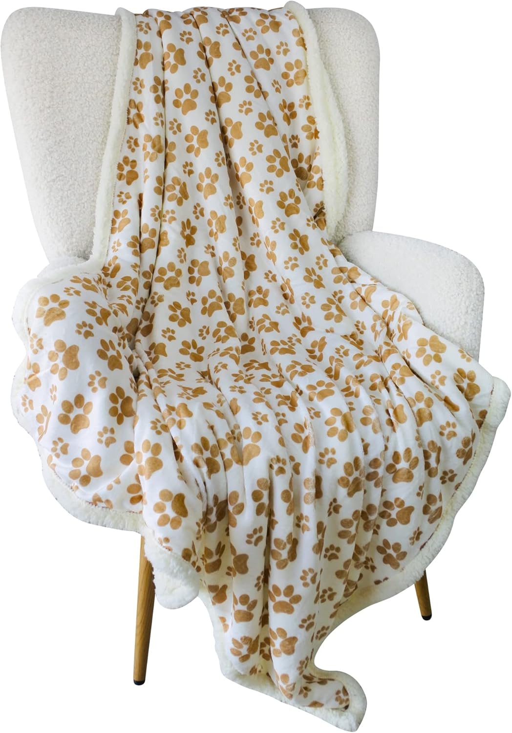 long rich Printed Dog paw Flannel Reverse to Sherpa Throw Blanket, Taupe, by Happycare Textiles