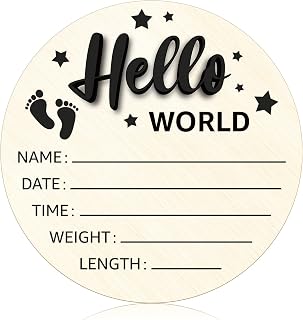 Baby Announcement Sign, 5.9 Inch Wooden Hello World Newborn Birth Name Sign Personalized Birth Announcement Board for Photo Props Hospital Nursery Home Decors(Black)