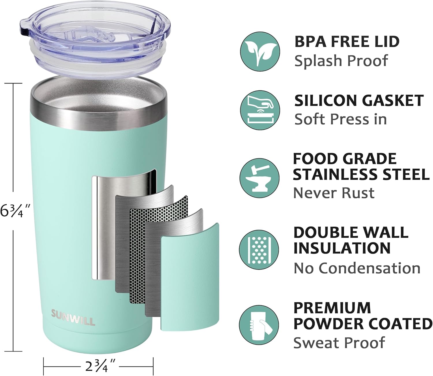 SUNWILL Travel Coffee Mug with Lid, 20 oz Tumbler Set of 2, Insulated Stainless Steel Cup for Water, Tea, Powder Coated Sakura & Mint - Image 2